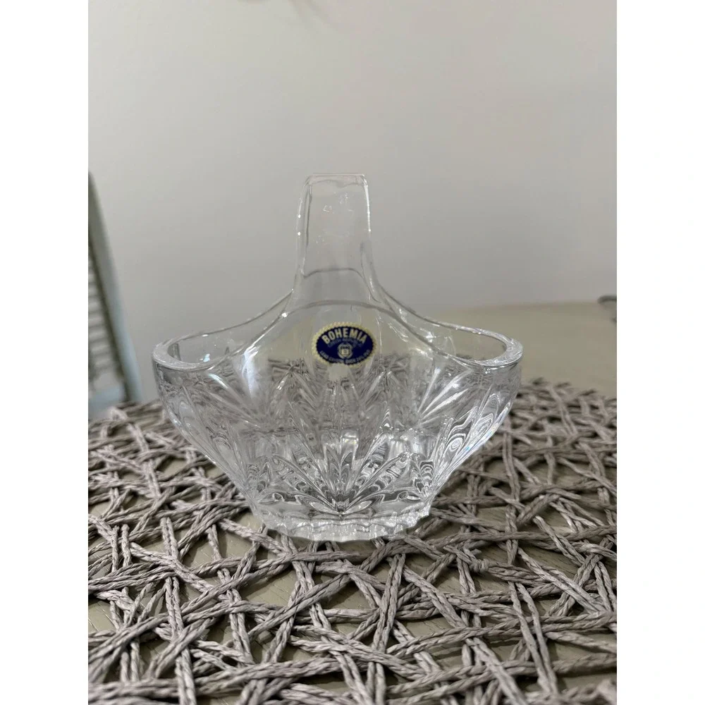 Vintage Bohemia Crystal Basket Hand Cut Glass Split Handle Made Czech Republic